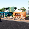 Colorful Container Building Cafe with Outdoor Seating Hello Sign and Green Trees
