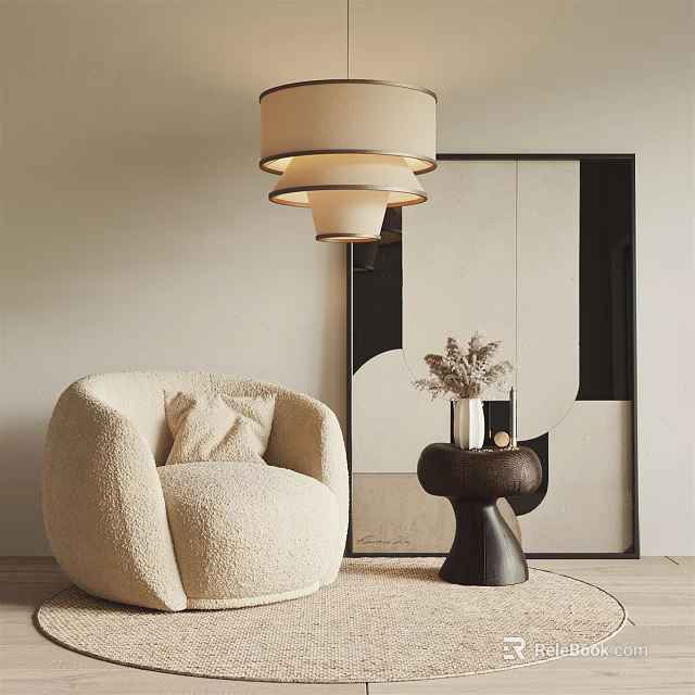 Cozy Beige Fluffy Single Sofa Living Interior With Pendant Lamp Mirror And Side Table 3d model 