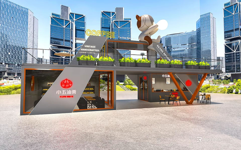 Two Story Container Building Cafe With Green Plants And Outdoor Seating In Urban Area 3d model 