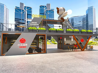 Two Story Container Building Cafe With Green Plants And Outdoor Seating In Urban Area 3d model