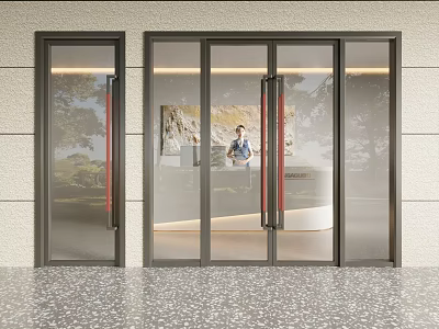 Modern Glass Double Doors Design With Sleek Frames And Red Handles For Entrance 3d model