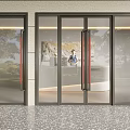 Modern Glass Double Doors Design With Sleek Frames And Red Handles For Entrance