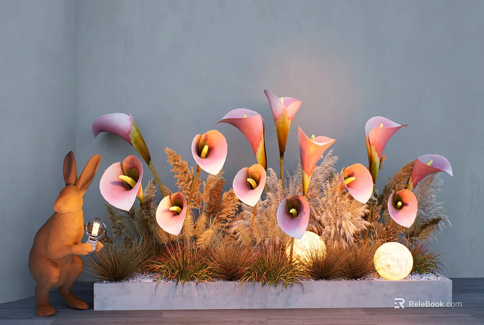Elegant Floral Display With Pink Calla Lilies Rabbit Figurine Decorative Grass And Glowing Orbs 3d model 