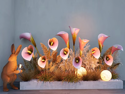 Elegant Floral Display With Pink Calla Lilies Rabbit Figurine Decorative Grass And Glowing Orbs 3d model