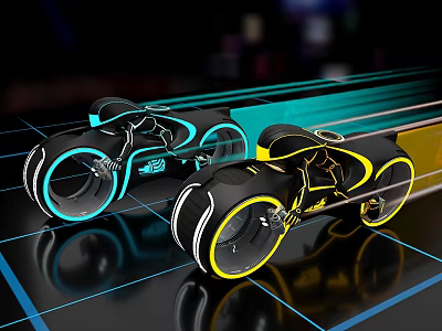 Two Futuristic Motorcycles With Illuminated Wheels And Sleek Design On Grid Lines 3d model