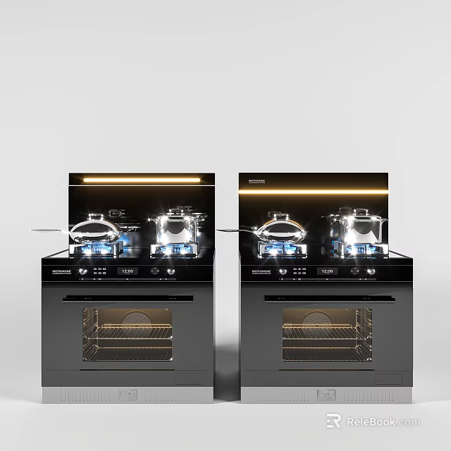 Modern Black Kitchen Appliances Featuring Double Stove Top Oven And Blue Flames With Pots Above 3d model 