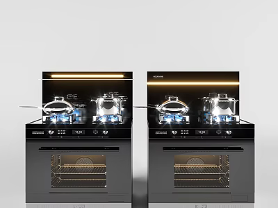 Modern Black Kitchen Appliances Featuring Double Stove Top Oven And Blue Flames With Pots Above 3d model
