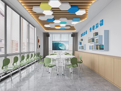 School Smart Classroom with Green Chairs White Tables Colorful Hexagonal Pendant Lights and Big Screen 3d model