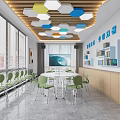 School Smart Classroom with Green Chairs White Tables Colorful Hexagonal Pendant Lights and Big Screen