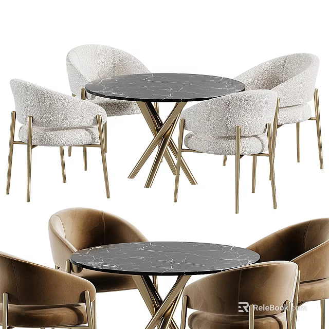 Modern Dining Table Set With Marble Tabletop And Upholstered Chairs Gold Legs 3d model 