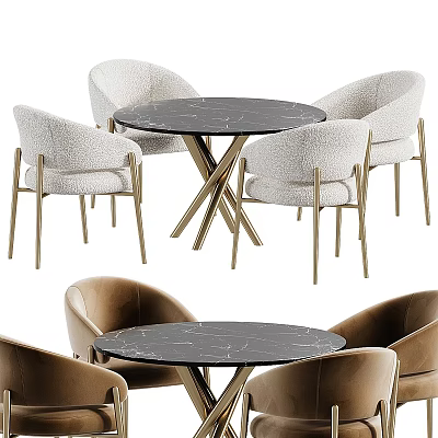 Modern Dining Table Set With Marble Tabletop And Upholstered Chairs Gold Legs 3d model