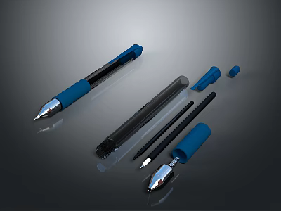 Household Stationery Items Including Blue And Black Writing Tools With Transparent Body 3d model