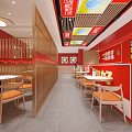 Modern Restaurant Interior Design With Red Banners Dining Tables Advertising Boards Counter And Trees