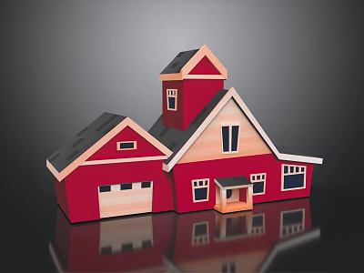 Cartoon Style Red House with Gray Roof White Windows and Garage Tower 3d model