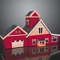 Cartoon Style Red House with Gray Roof White Windows and Garage Tower