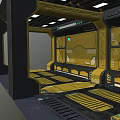 Futuristic Yellow Elevator Corridor With Metal Panels Blue Lights And Number 6 Sign