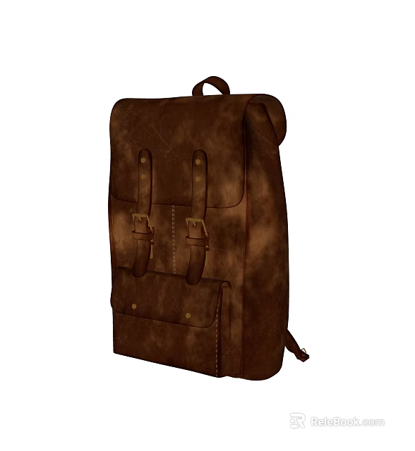 Classic Brown Leather Backpack With Adjustable Straps And Front Buckle Pockets 3d model 