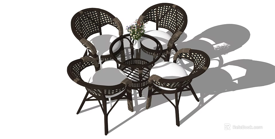 Wicker Dining Set with Table and Four Chairs Featuring White Cushions 3d model