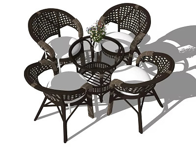 Wicker Dining Set with Table and Four Chairs Featuring White Cushions 3d model