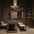 Traditional Teahouse Interior Design With Wooden Stage Colorful Lanterns And Classic Tables Chairs