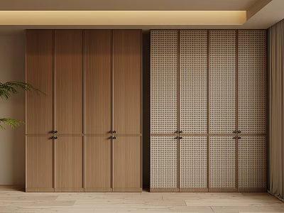 Modern Wooden Wardrobe Interior With Solid Panels And Lattice Door Design 3d model