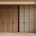 Modern Wooden Wardrobe Interior With Solid Panels And Lattice Door Design 3d model