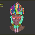 Game Movie Character Head With Orange Spiky Fur Yellow Ornaments And Blue Facial Markings