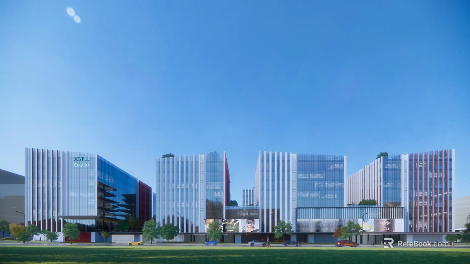 Modern Commercial Office Buildings With Glass Curtain Walls Green Lawn And Trees 3d model 