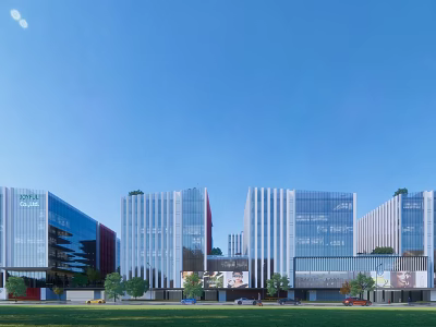 Modern Commercial Office Buildings With Glass Curtain Walls Green Lawn And Trees 3d model
