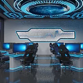 Modern Cybercafe Interior With Blue Neon Lights Computers Comfortable Chairs And Tree Views 3d model