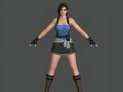 Woman In Blue Tank Top Black Skirt Black Gloves And Brown Boots On Gray Background 3d model
