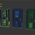 Three Blue Equipment Cabinets With Control Panels And Internal Components 3d model
