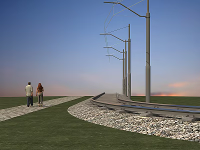 Road Infrastructure Featuring Curved Track Utility Poles Pedestrians Grass Blue Sky And Sunset 3d model