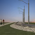 Road Infrastructure Featuring Curved Track Utility Poles Pedestrians Grass Blue Sky And Sunset