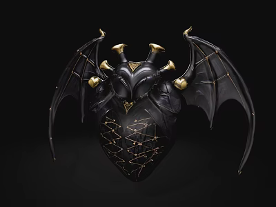 Black Heart Shaped Decorative Object With Bat Wings Gold Accents And Geometric Patterns 3d model