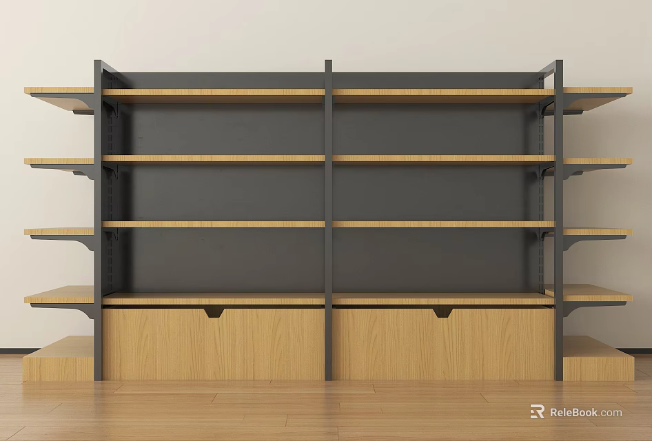 Modern Storage Shelf with Multiple Wooden Shelves Metal Frame and Bottom Cabinet for Home 3d model 