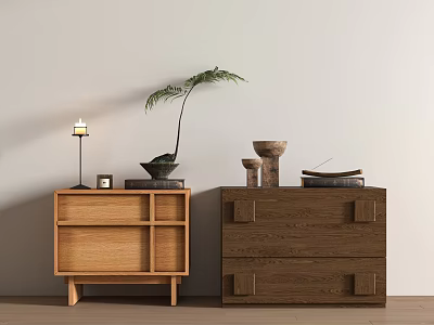 Wooden Nightstands With Grid Design And Drawers Featuring Lamp Vase Books And Potted Plant 3d model