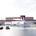 Sales office building with modern red roof design and outdoor area surrounded by trees