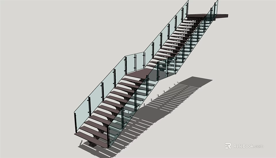 Modern Interior Staircase With Glass Railings And Wooden Steps Design 3d model 
