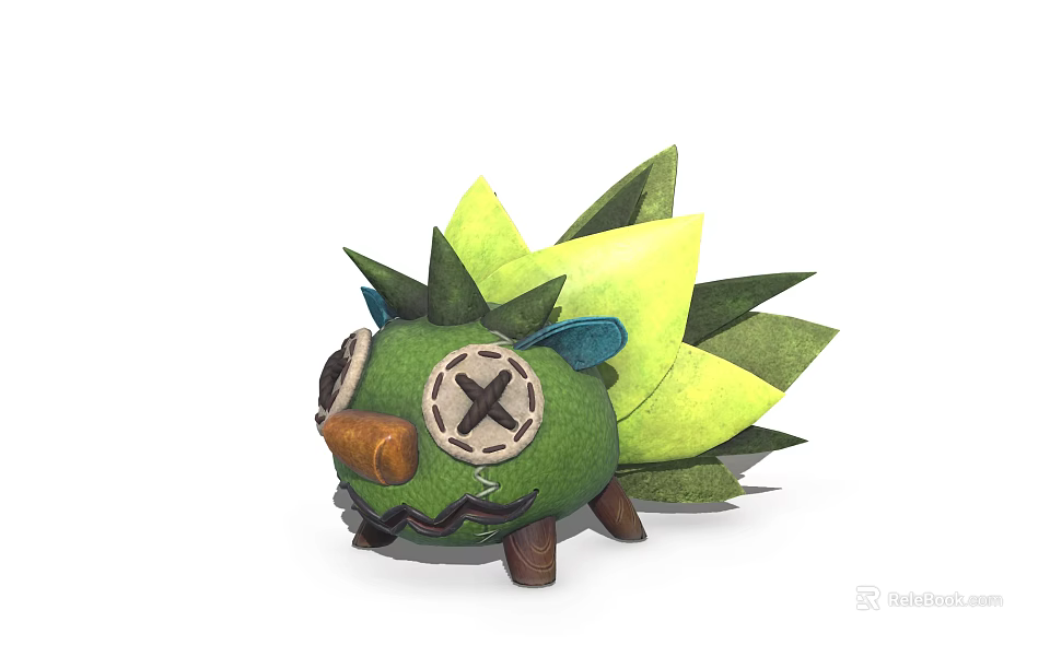 Green Hedgehog Game And Movie Character With Leaf Decorations Stitched Fabric Cross Eyes Brown Nose 3d model 