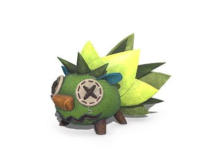 Green Hedgehog Game And Movie Character With Leaf Decorations Stitched Fabric Cross Eyes Brown Nose 3d model