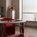 Modern Study Room Interior With Round Desk Red Chair Bookshelf And Large Window 3d model