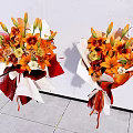Decorative Ornament Set with Orange Lilies Roses Red White Wrapping Red Ribbon on White Background