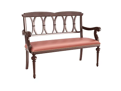 Sturdy Leisure Bench With Dark Wood Frame Armrests Carved Backrest And Pink Leather Seat 3d model