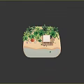 Cartoon Beach Scene With Palm Trees Wooden Platform Kiosk White Lounge Chairs And Blue Water