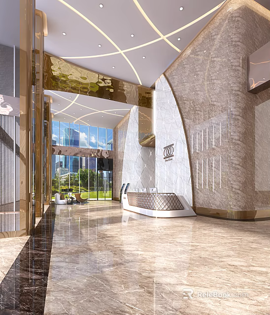 Luxury Modern Hotel Lobby Interior With Marble Floor Glass Windows Front Desk And Metallic Accents 3d model 