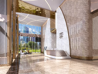 Luxury Modern Hotel Lobby Interior With Marble Floor Glass Windows Front Desk And Metallic Accents 3d model
