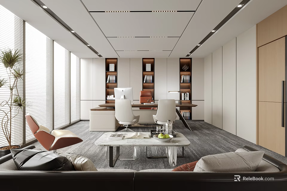 Modern Office Interior Design With Large Windows Bookshelves Desk Sofa And Coffee Table 3d model