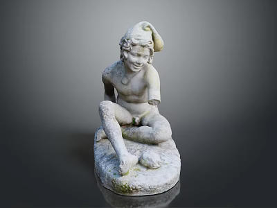 Antique Style Stone Seated Child Sculpture with Detailed Carving and Ornamental Base 3d model