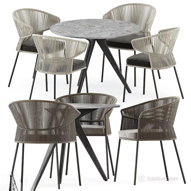 Modern Dining Table Set With Rattan Chairs And Metal Legs Design 3d model 